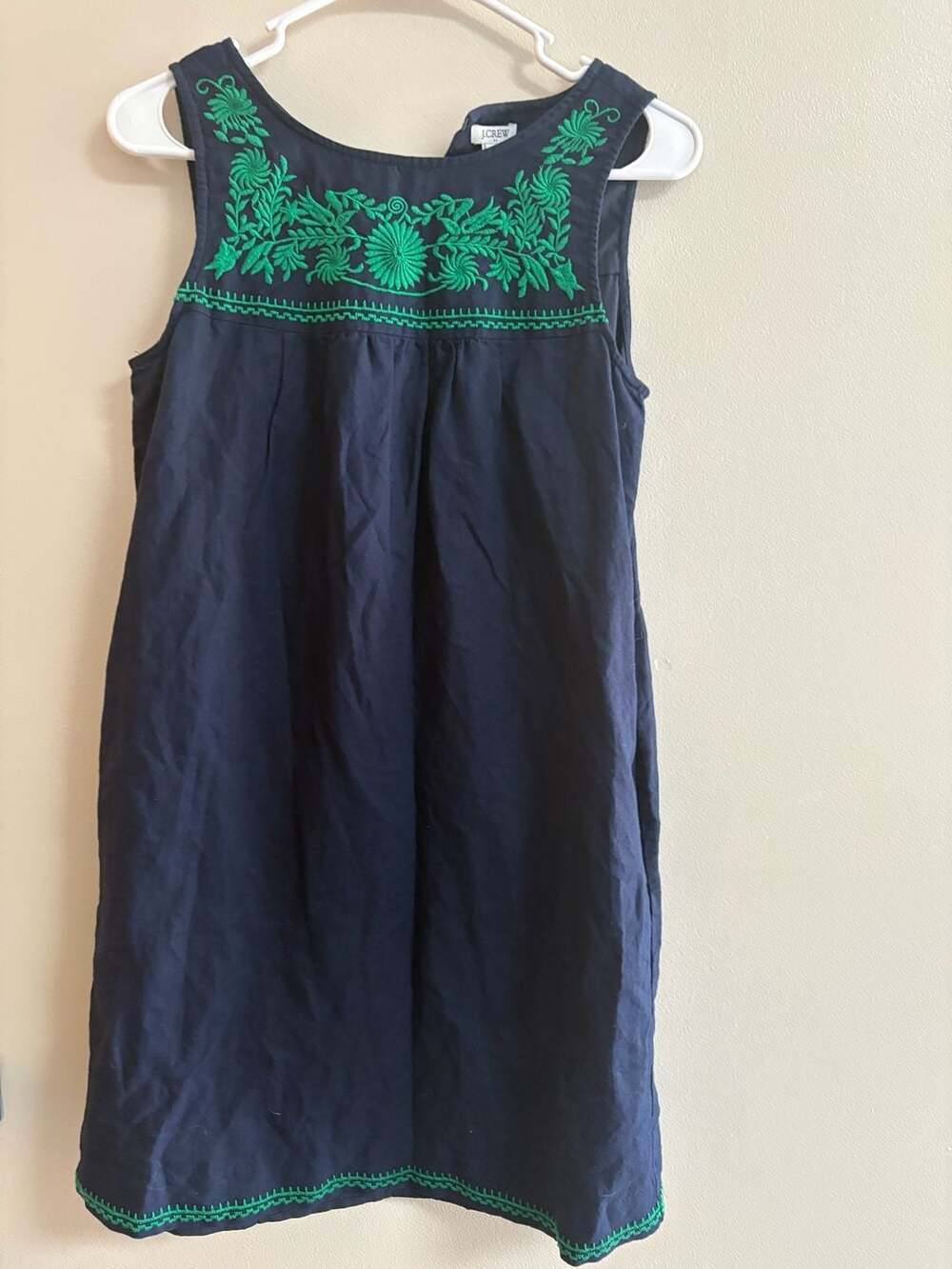 J.Crew Navy and Green Embroidered Linen Blend Shift Dress